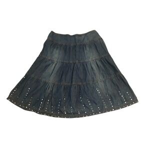 Y2K Vezucci Denim Tiered Midi Skirt Sequins Navy Blue Women Size 10